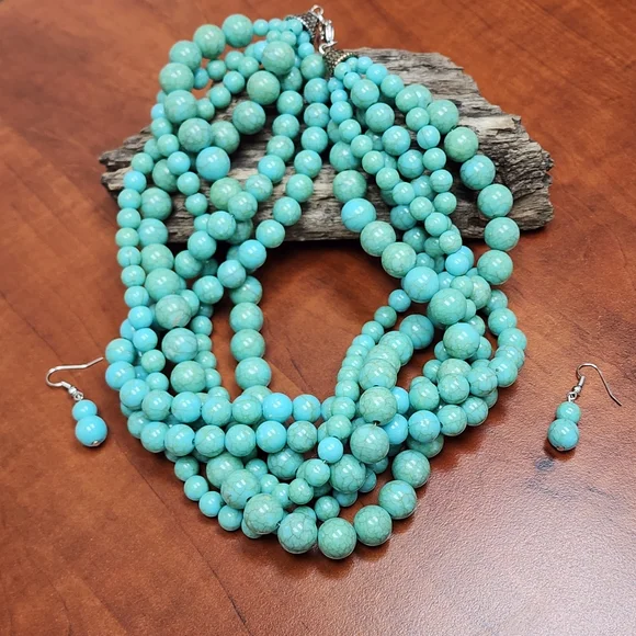Vintage Chunky Faux Turquoise Beaded Statement Necklace and Pierced Earring Set - Picture 9 of 9